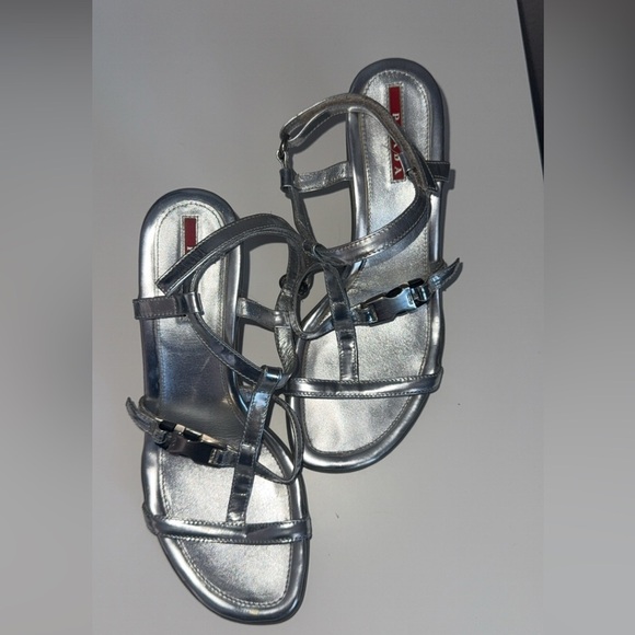 Prada Shoes - Prada Metallic Silver Strappy Sandal Wedges